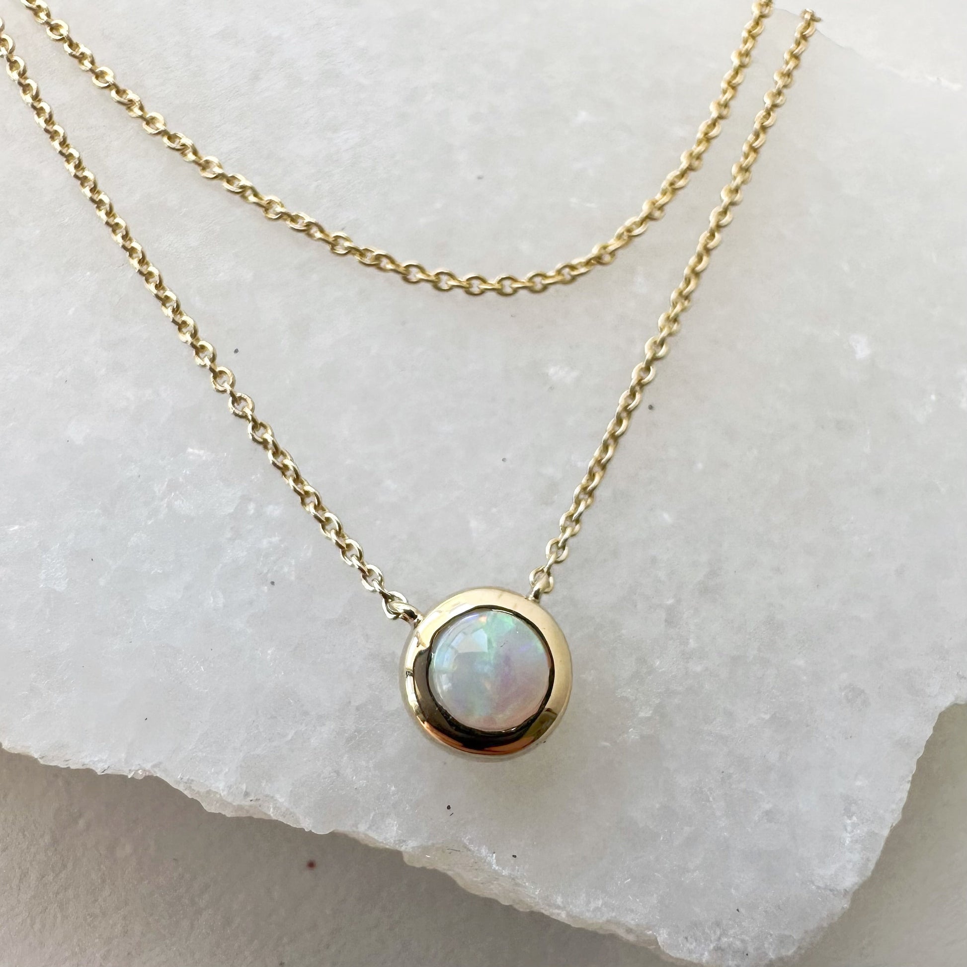 14K Solid Gold Genuine Opal Bezel Double Chain Necklace