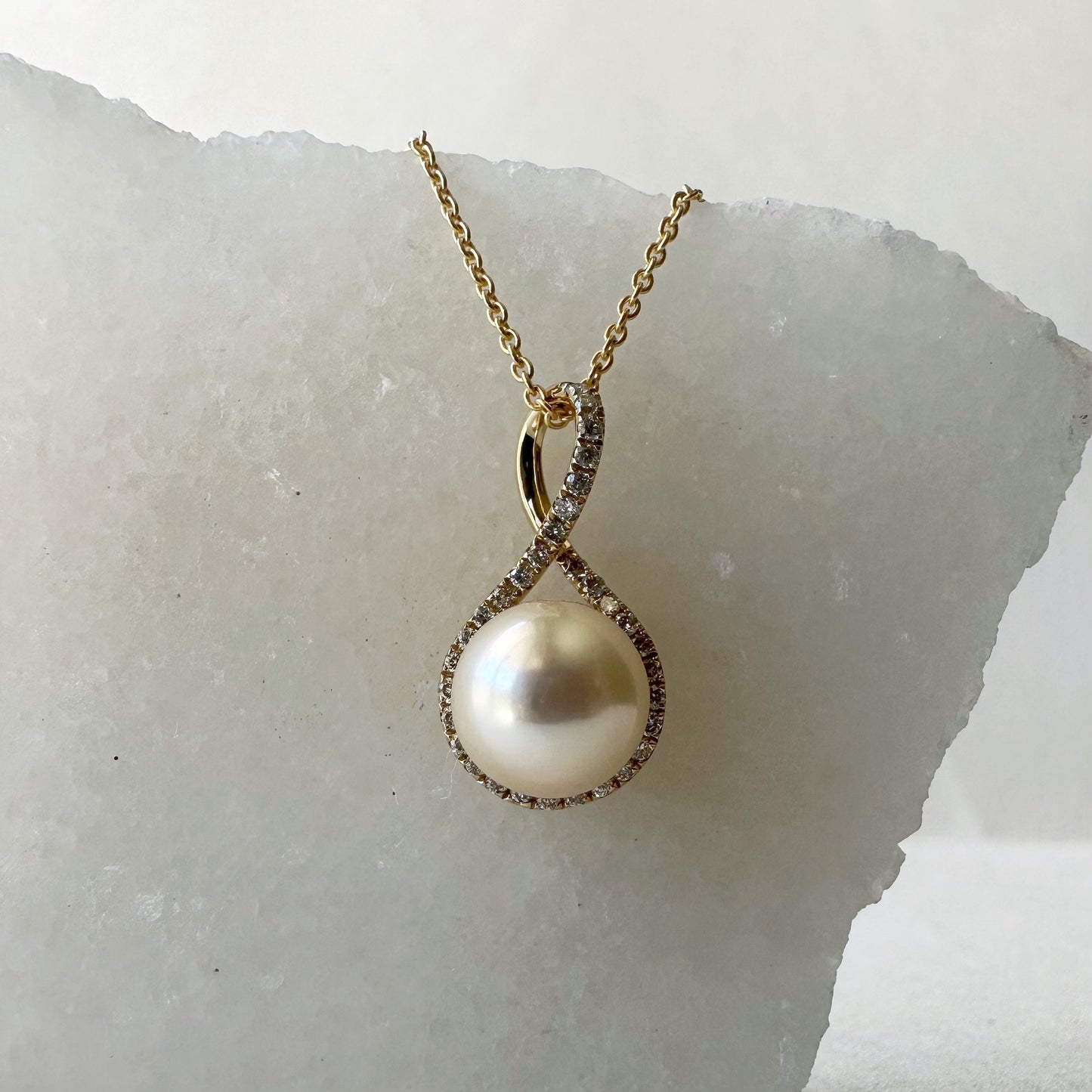 14K Solid Gold Genuine Diamond and Pearl Twist Pendant