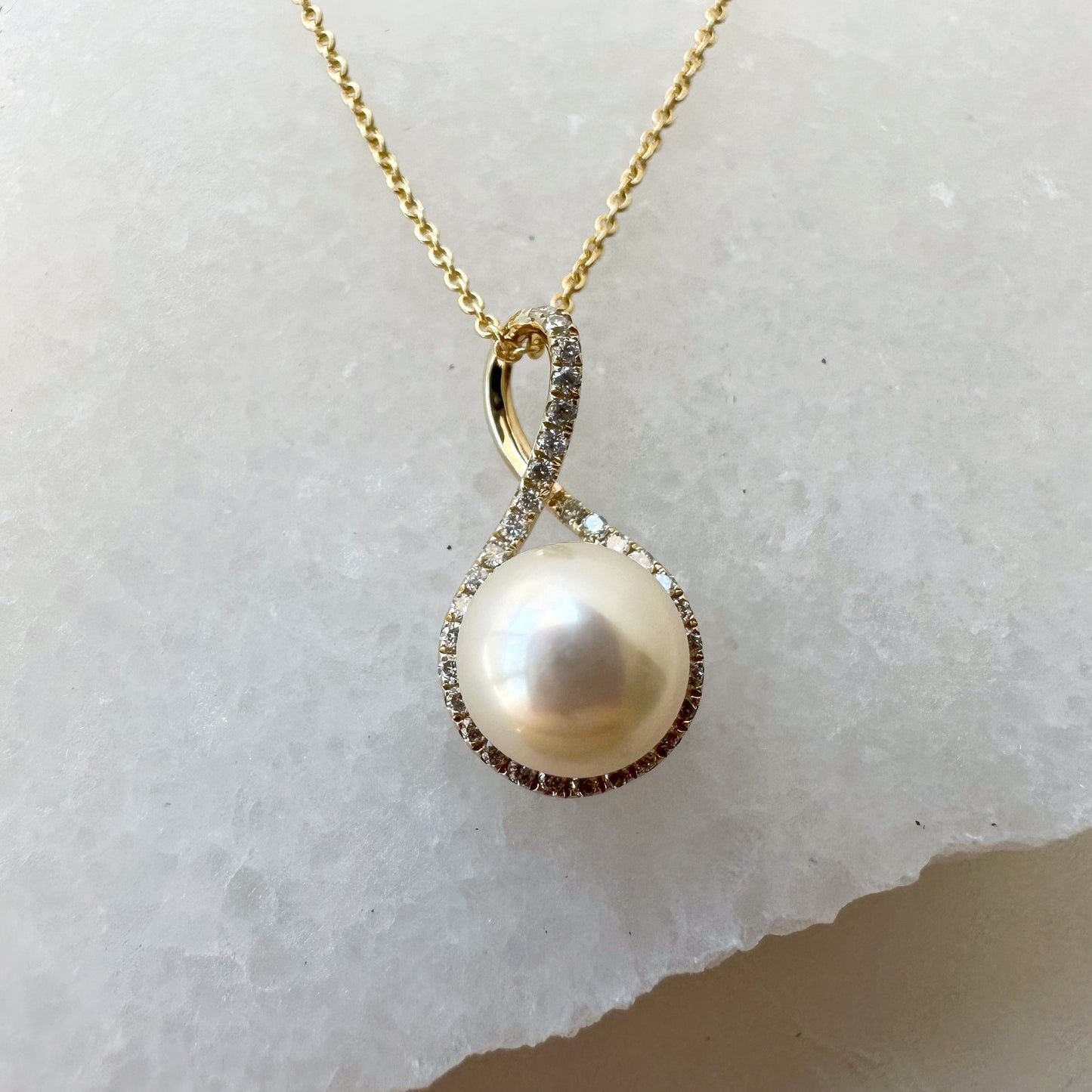 14K Solid Gold Genuine Diamond and Pearl Twist Pendant