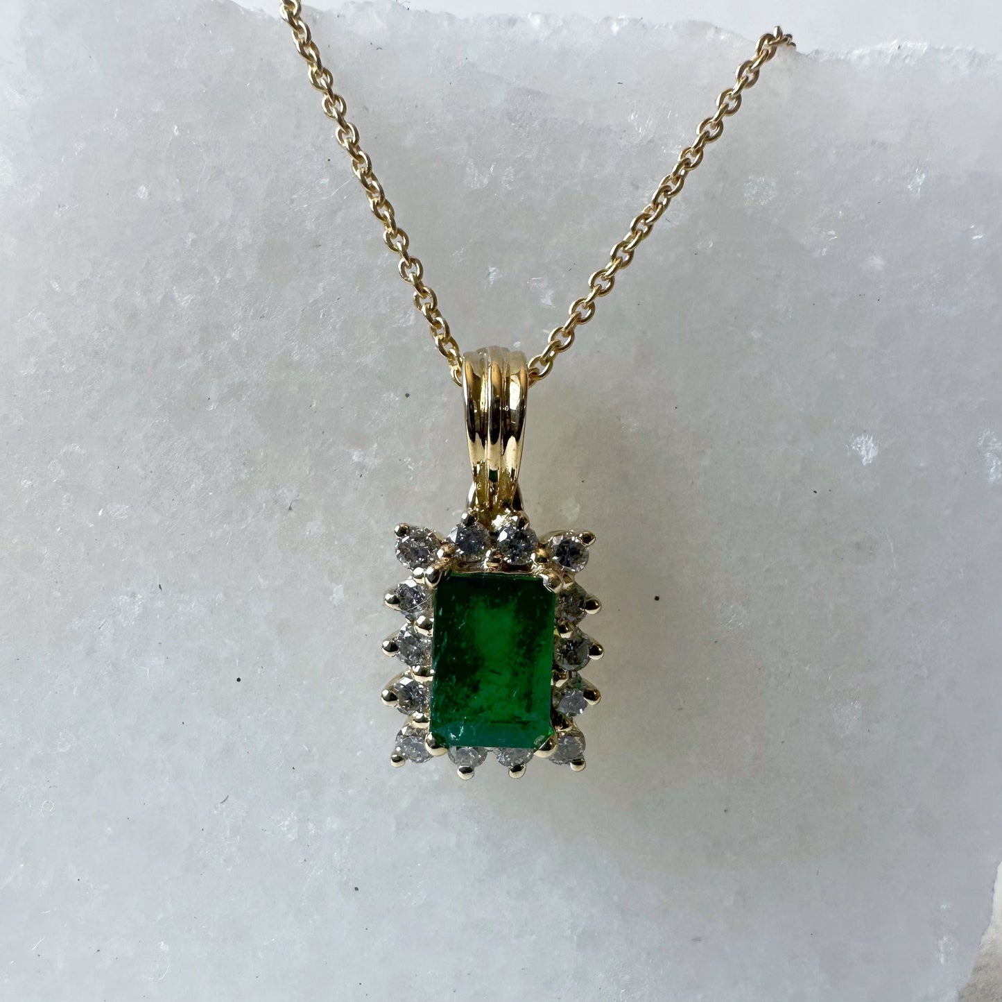 14K Solid Gold Genuine Emerald and Diamond Emerald Cut Pendant