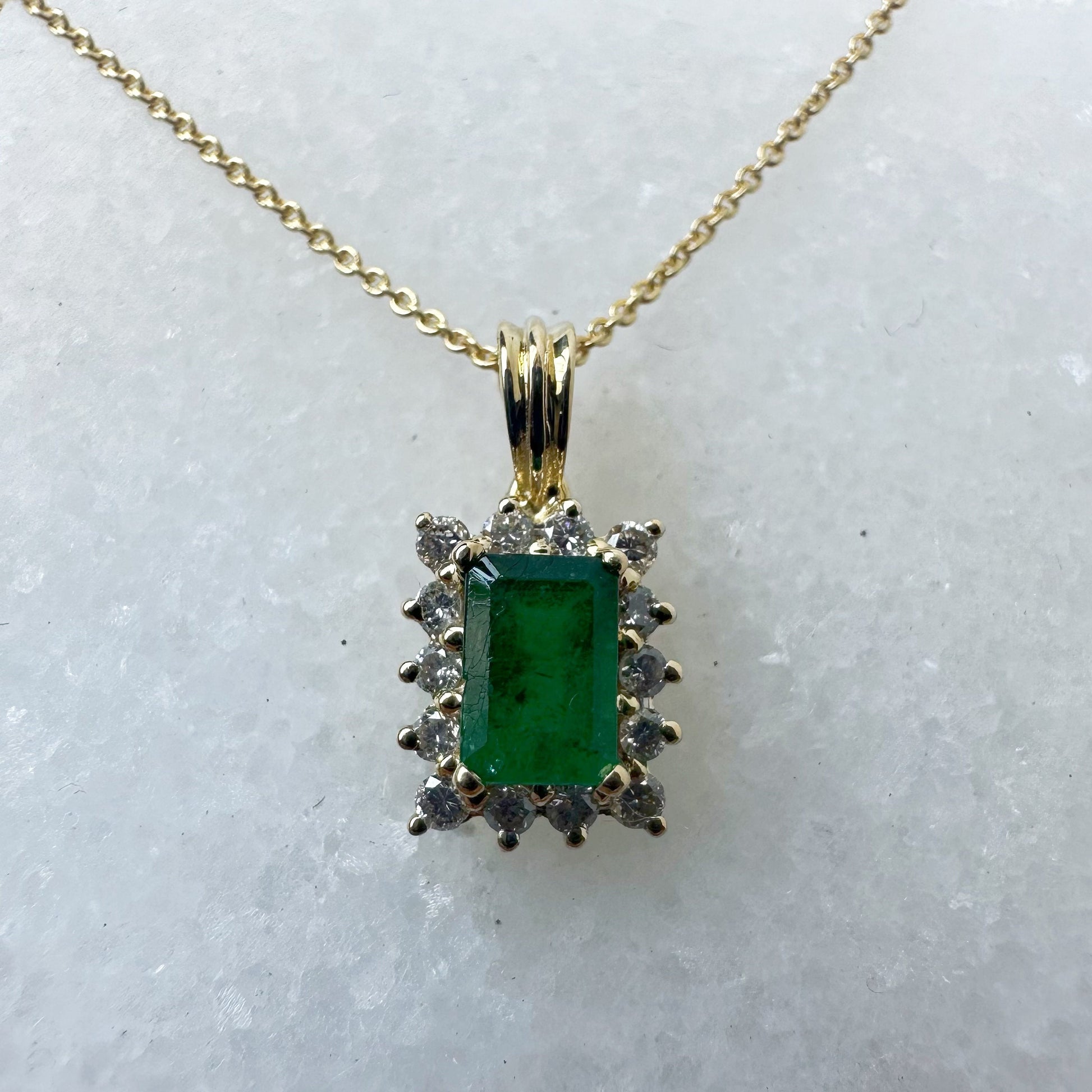 14K Solid Gold Genuine Emerald and Diamond Emerald Cut Pendant