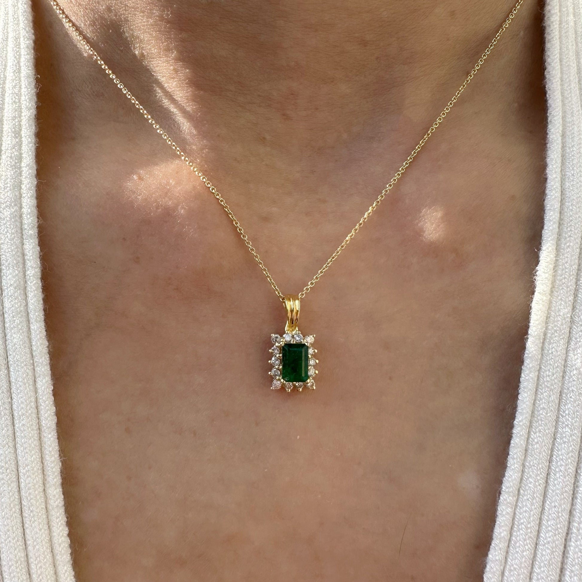 14K Solid Gold Genuine Emerald and Diamond Emerald Cut Pendant