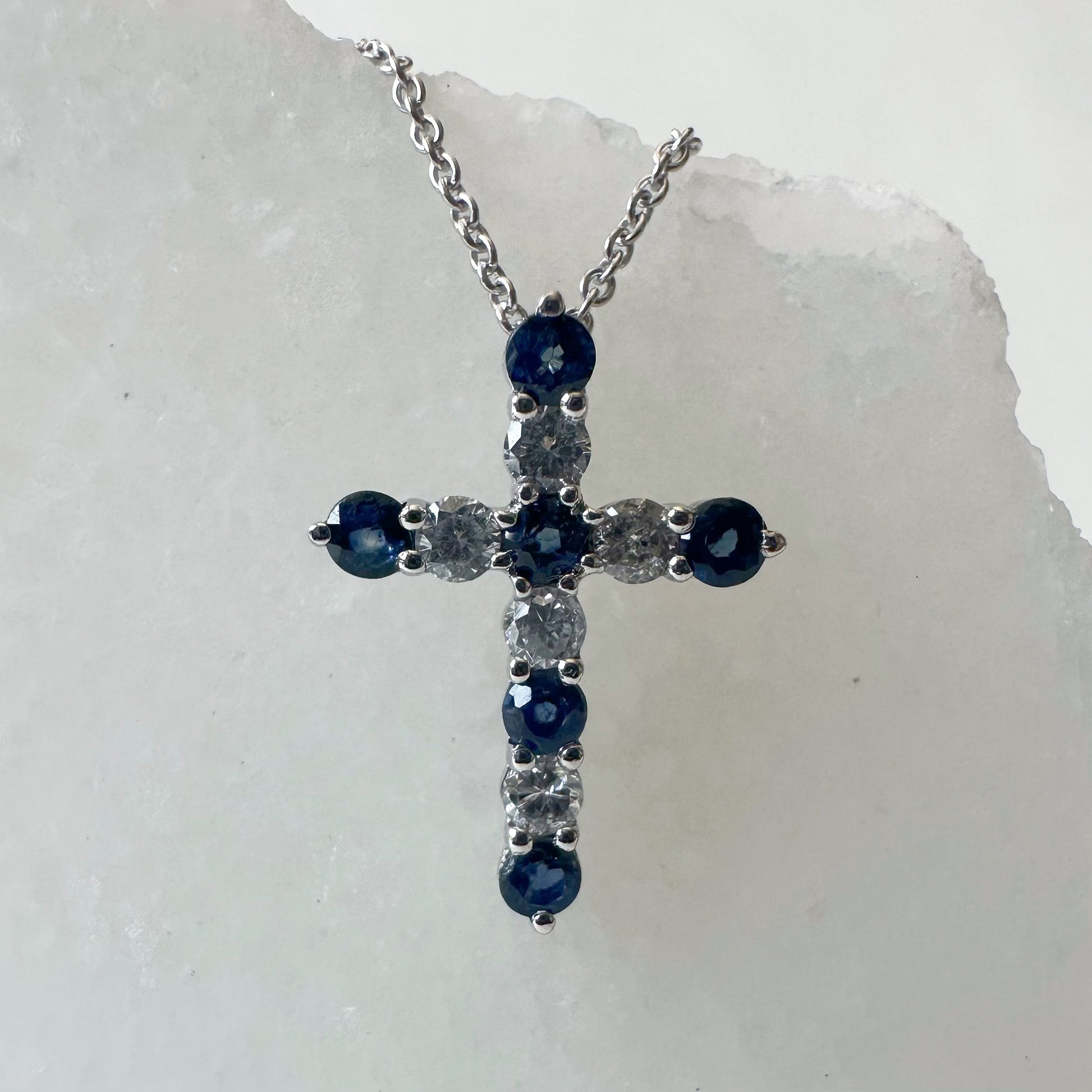 14K Solid Gold Genuine Sapphire and Diamond Cross Pendant