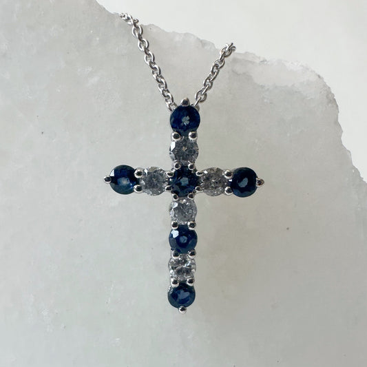 14K Solid Gold Genuine Sapphire and Diamond Cross Pendant