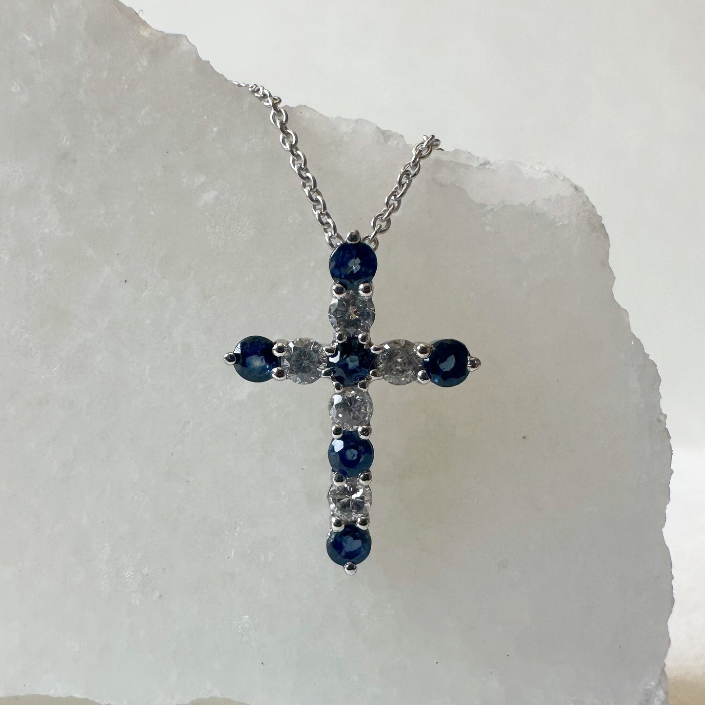 14K Solid Gold Genuine Sapphire and Diamond Cross Pendant