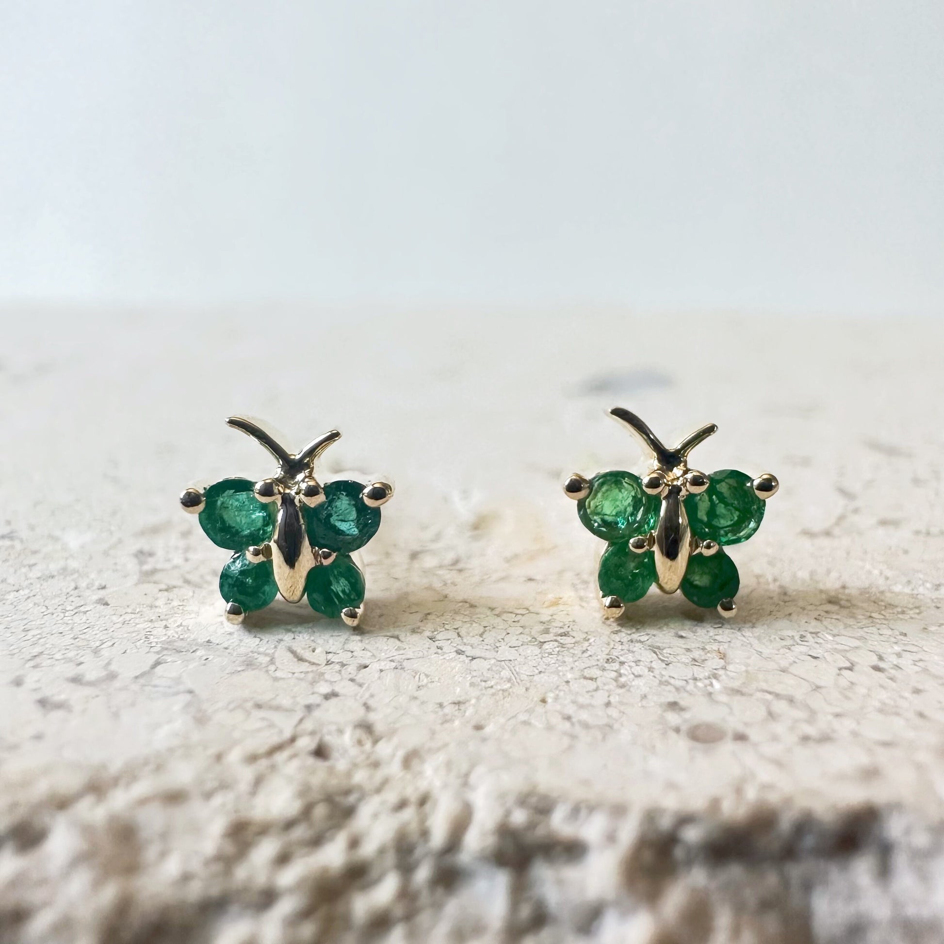 14K Solid Gold Genuine Emerald Butterfly Studs/Pair