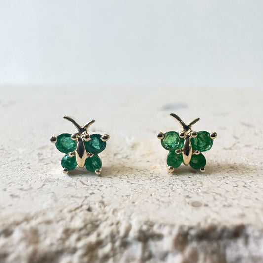 14K Solid Gold Genuine Emerald Butterfly Studs/Pair