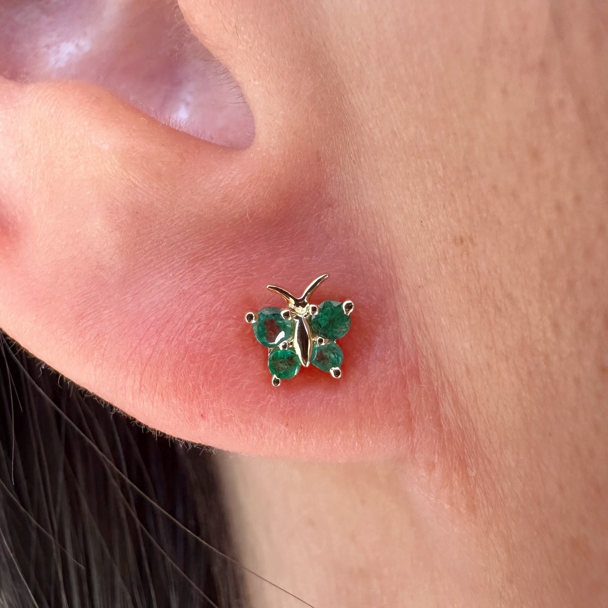 14K Solid Gold Genuine Emerald Butterfly Studs/Pair