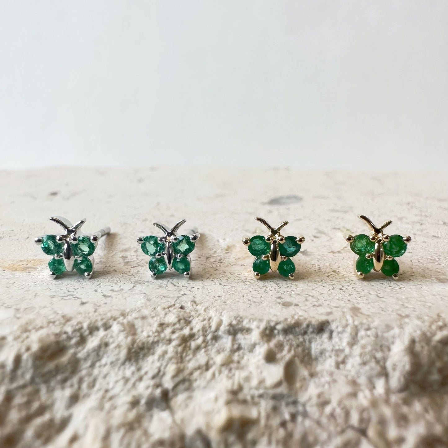 14K Solid Gold Genuine Emerald Butterfly Studs/Pair