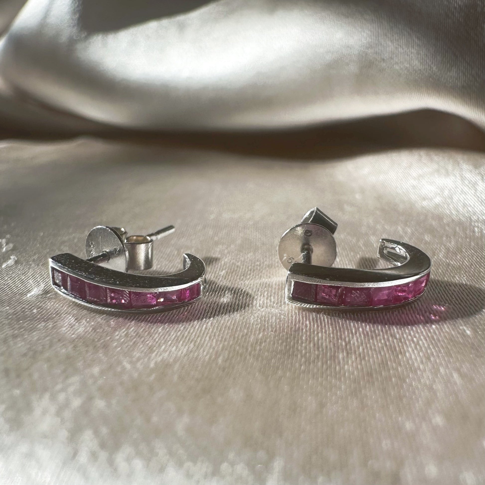 14K Solid White Gold Ruby Huggie Earrings/Pair