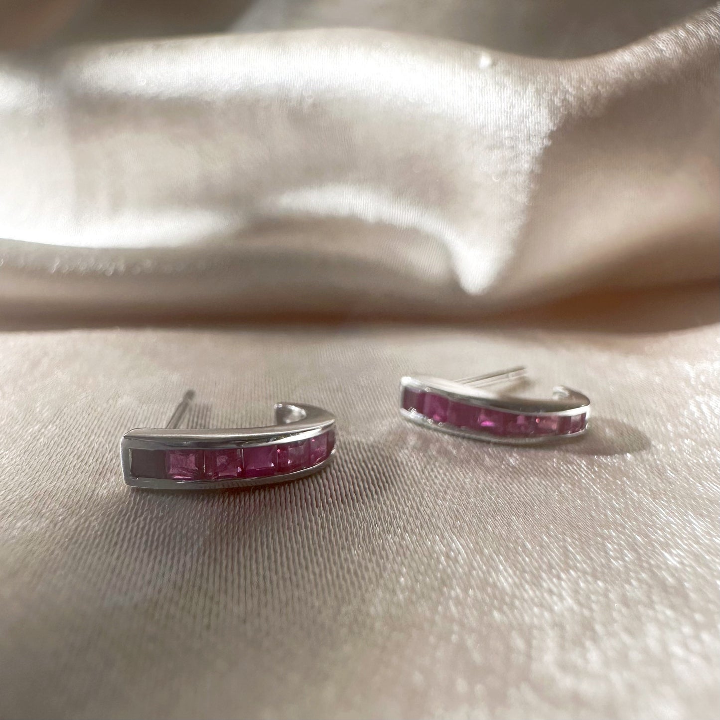 14K Solid White Gold Ruby Huggie Earrings/Pair