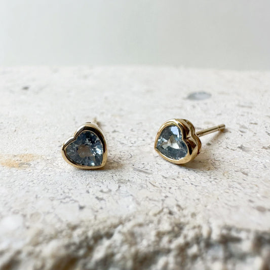 14K Solid Gold Genuine Ceylon Sapphire Heart Studs/Pair