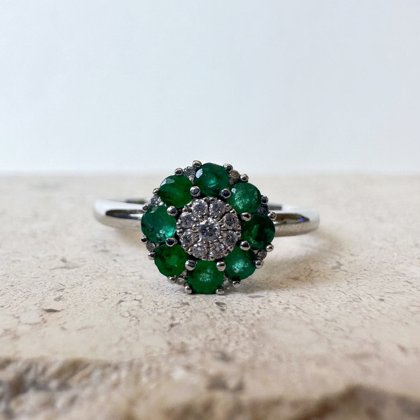 14K Solid White Gold Genuine Emerald and Diamond Halo Ring/Engagement Ring/Promise Ring