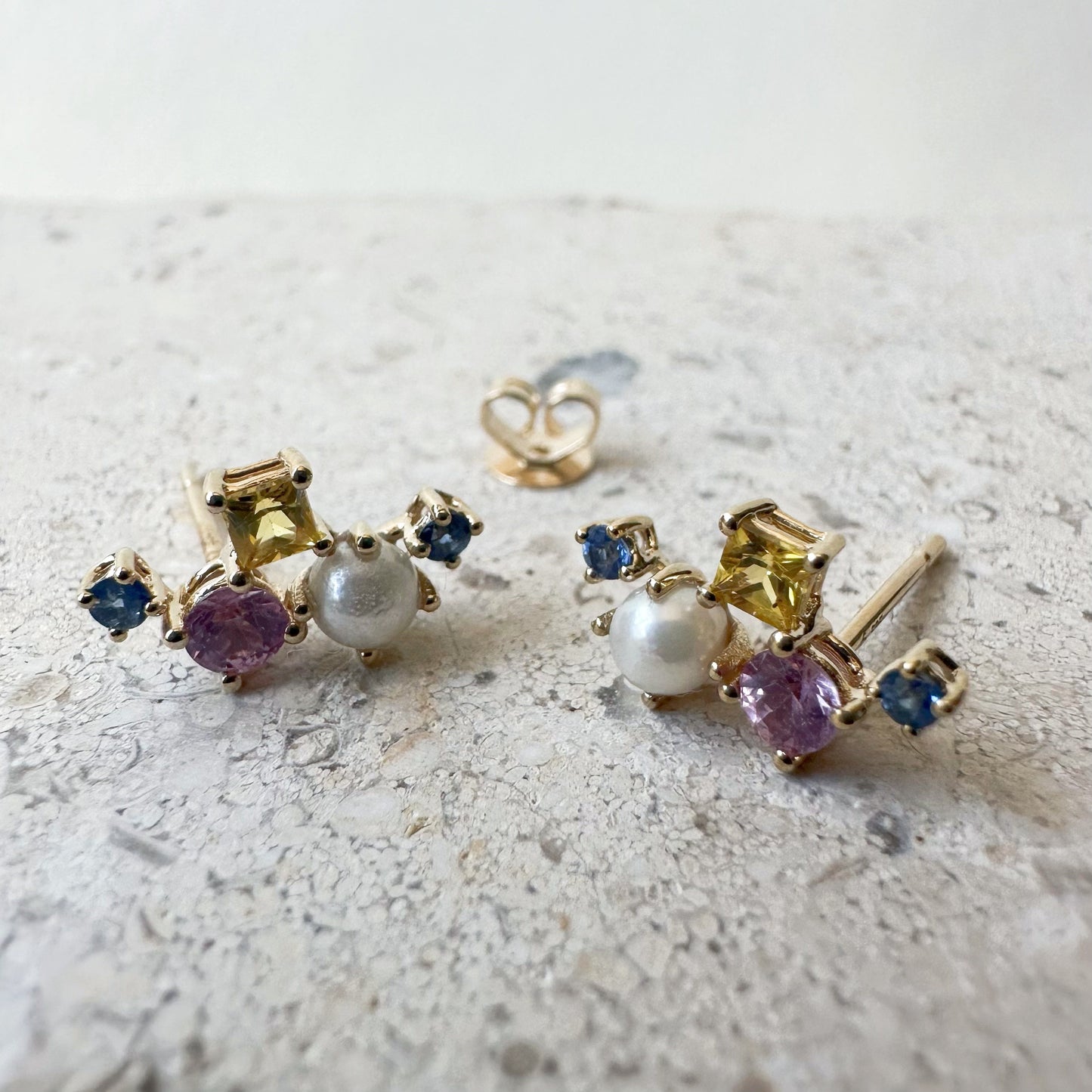 14K Solid Gold Genuine Color Sapphire and Pearl Cluster Earrings/Pair