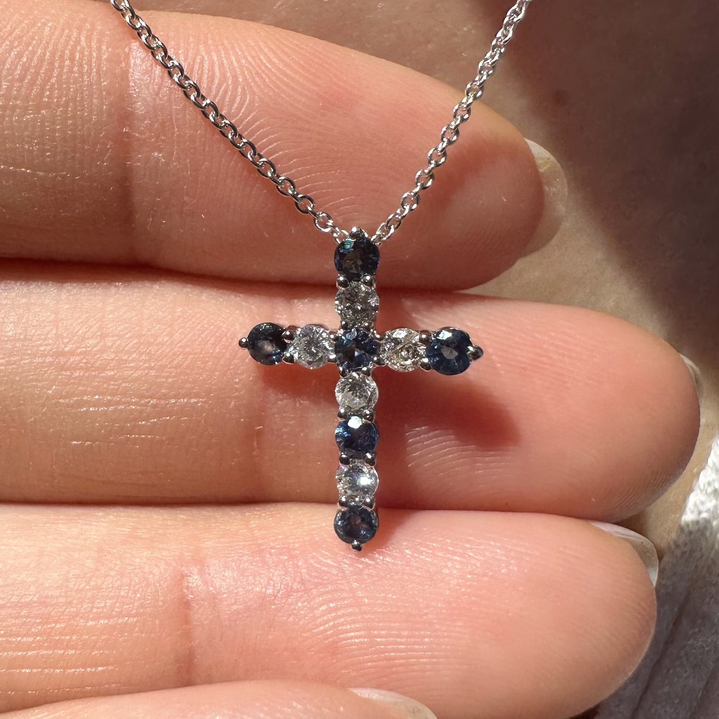 14K Solid Gold Genuine Sapphire and Diamond Cross Pendant