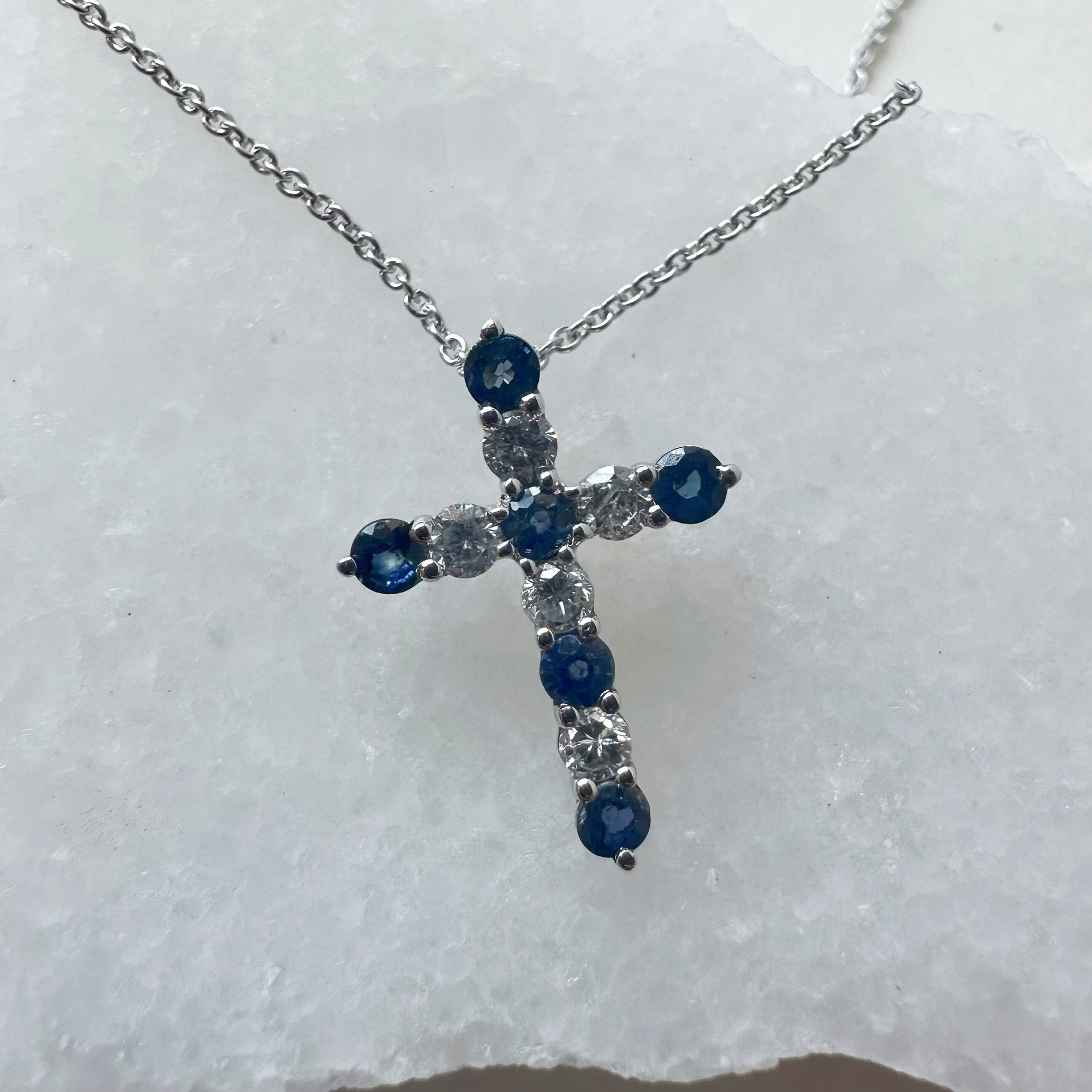 14K Solid Gold Genuine Sapphire and Diamond Cross Pendant