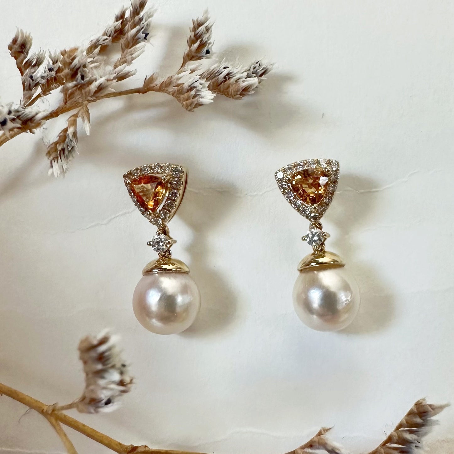 14K Solid Gold Genuine Pearl, Orange Sapphire and Diamond Fancy Dangle Earrings/Pair