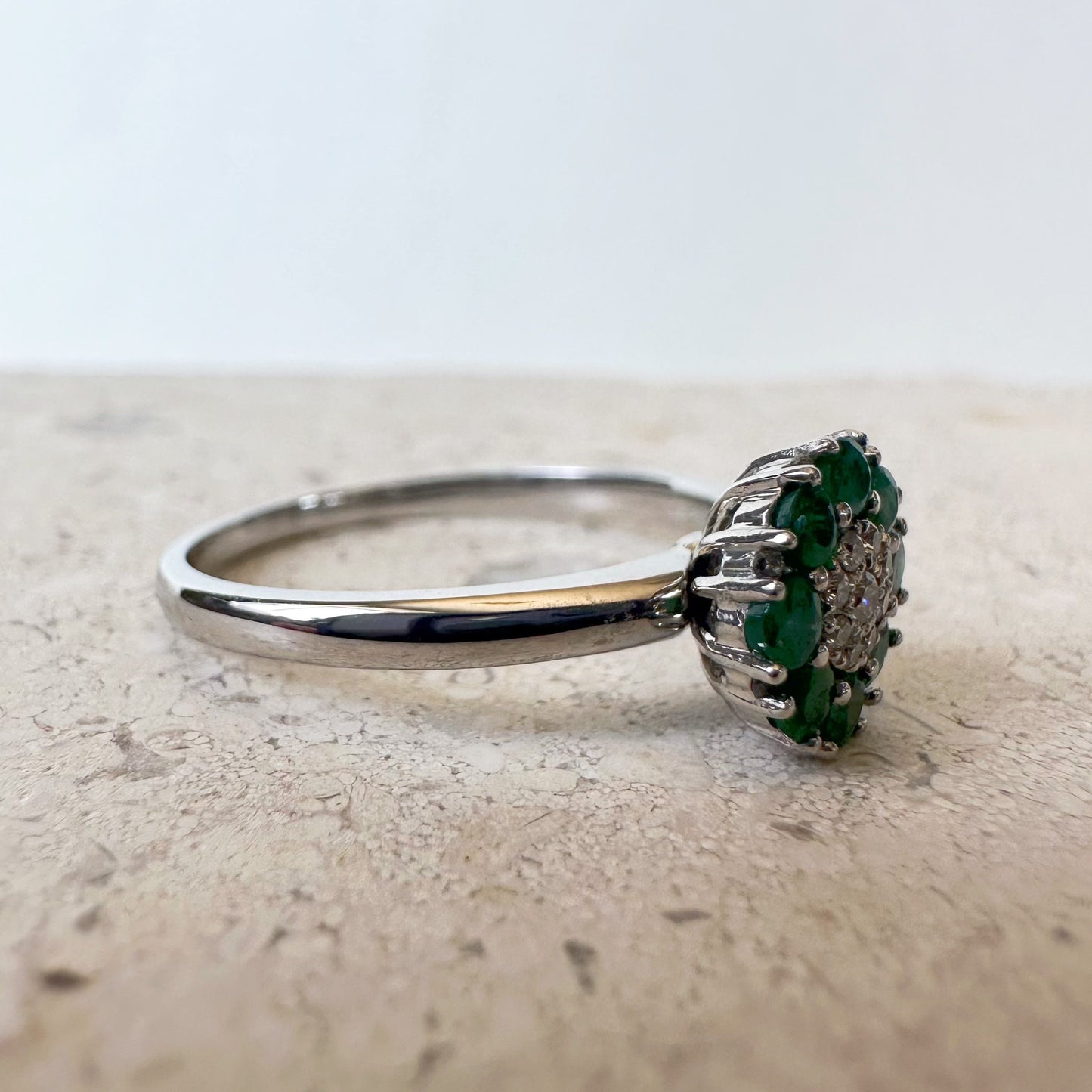 14K Solid White Gold Genuine Emerald and Diamond Halo Ring/Engagement Ring/Promise Ring