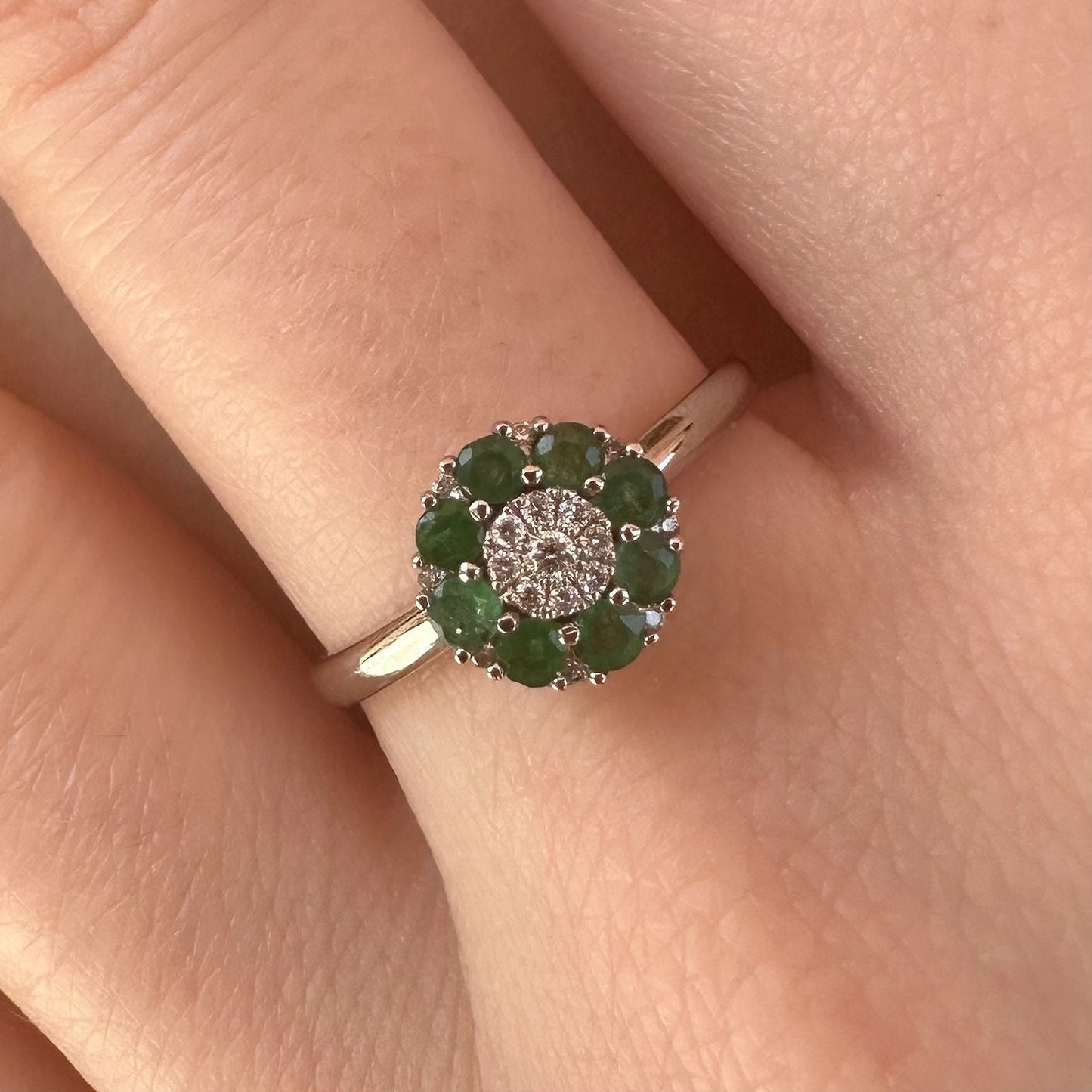 14K Solid White Gold Genuine Emerald and Diamond Halo Ring/Engagement Ring/Promise Ring