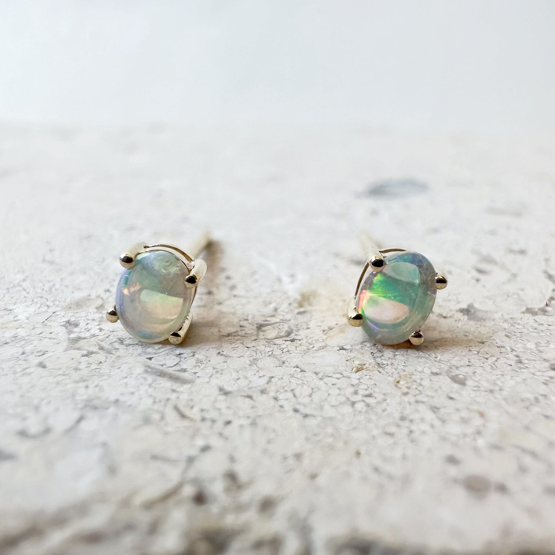 14K Solid Gold Oval Opal Studs