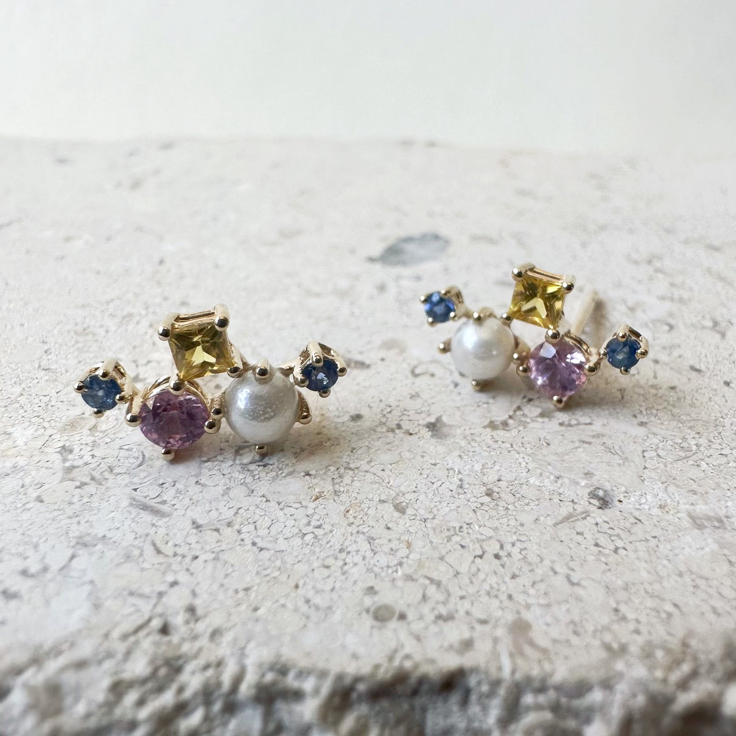 14K Solid Gold Genuine Color Sapphire and Pearl Cluster Earrings/Pair