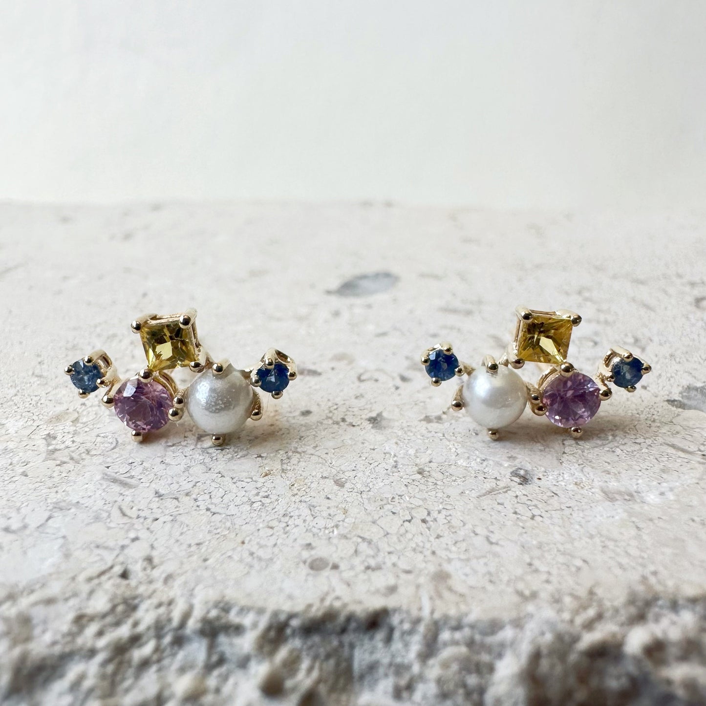 14K Solid Gold Genuine Color Sapphire and Pearl Cluster Earrings/Pair