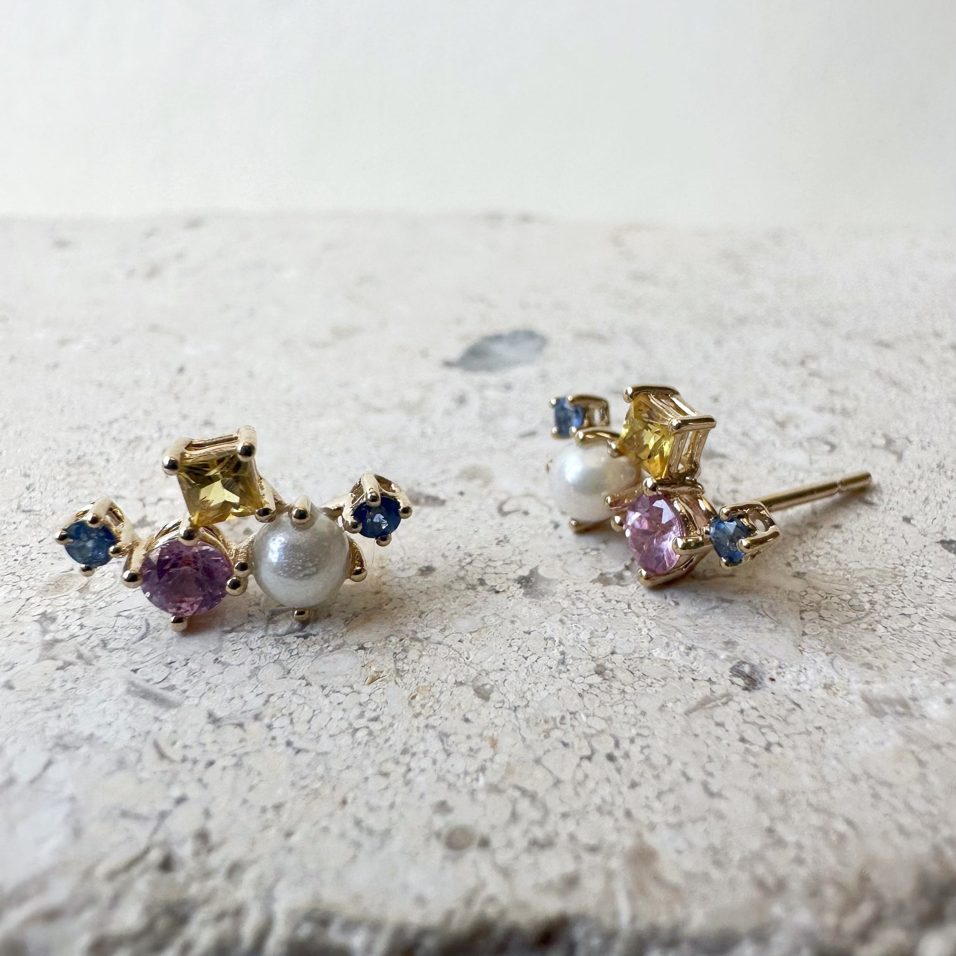 14K Solid Gold Genuine Color Sapphire and Pearl Cluster Earrings/Pair