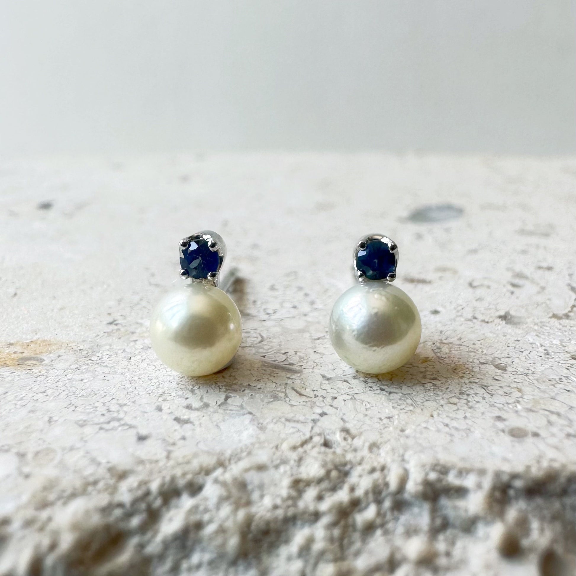 14K Solid Gold Genuine Akoya Pearl and Sapphire Studs/Pair