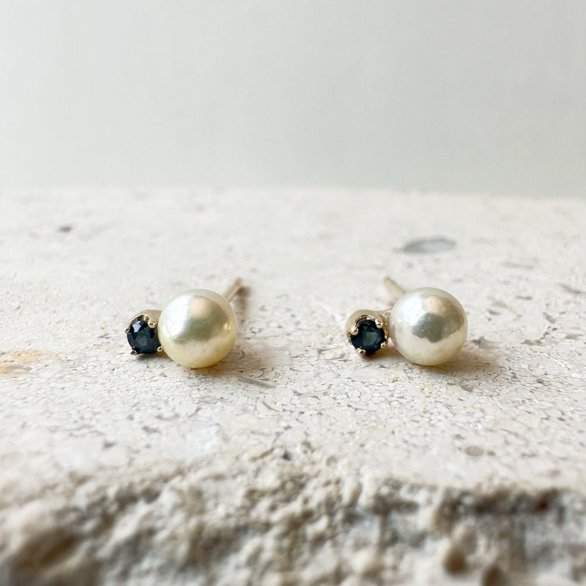 14K Solid Gold Genuine Akoya Pearl and Sapphire Studs/Pair