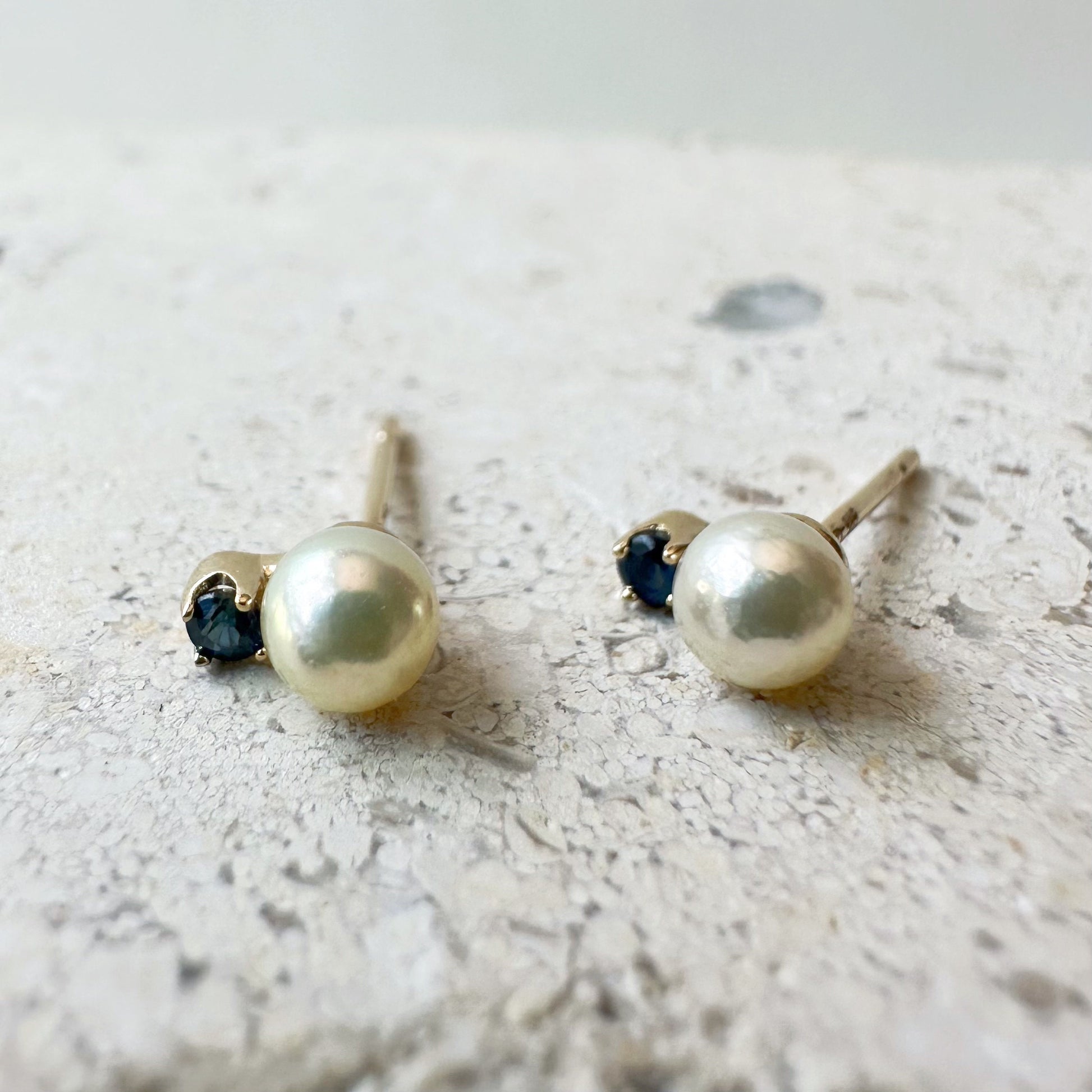 14K Solid Gold Genuine Akoya Pearl and Sapphire Studs/Pair