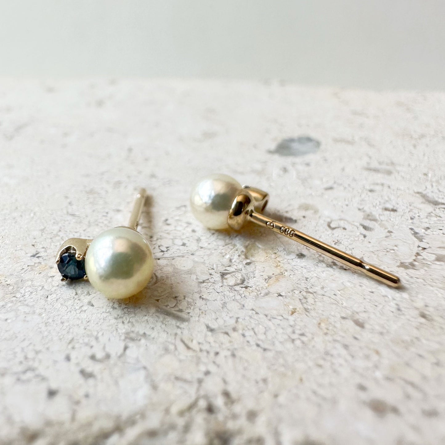 14K Solid Gold Genuine Akoya Pearl and Sapphire Studs/Pair