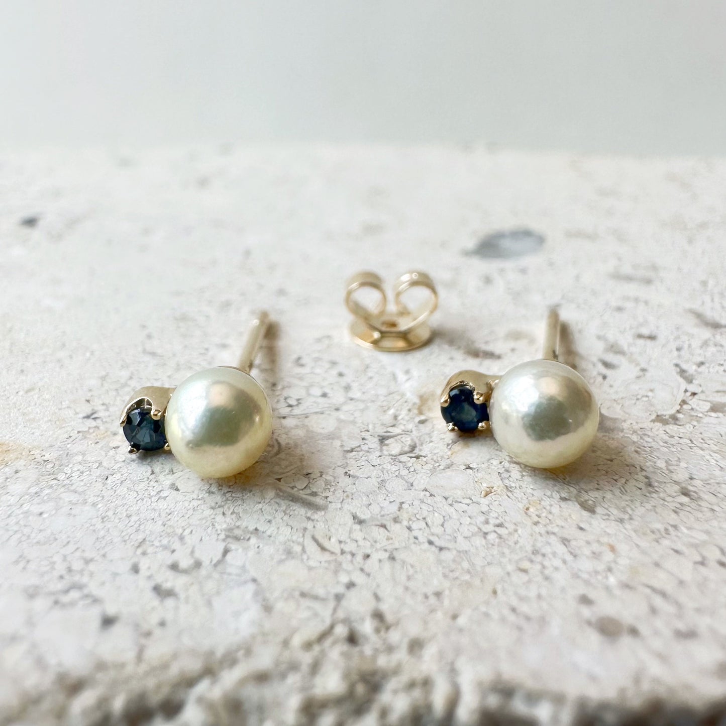 14K Solid Gold Genuine Akoya Pearl and Sapphire Studs/Pair