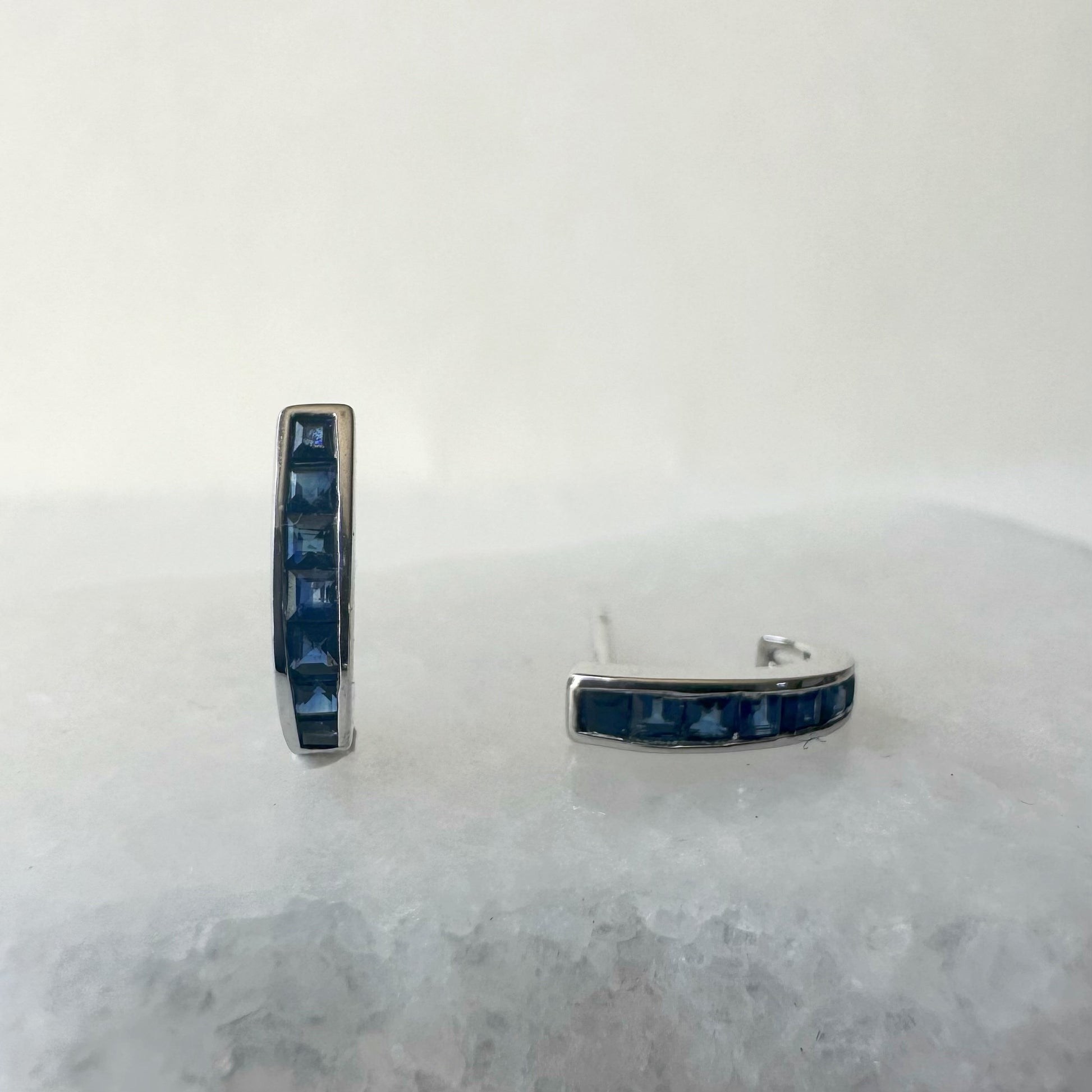 14K Solid White Gold Sapphire Huggie Earrings/Pair