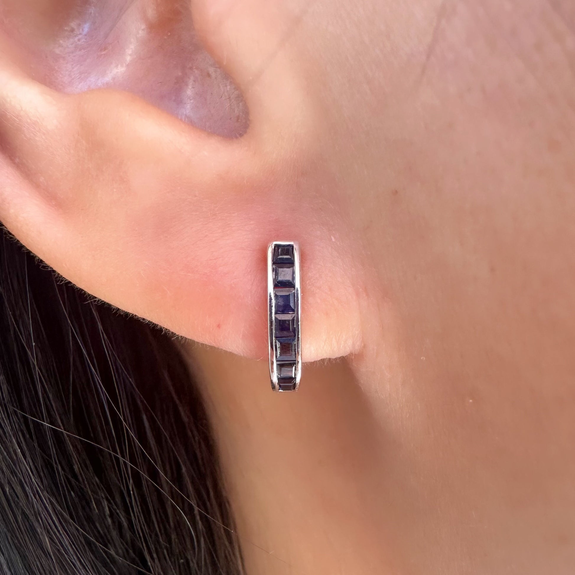 14K Solid White Gold Sapphire Huggie Earrings/Pair