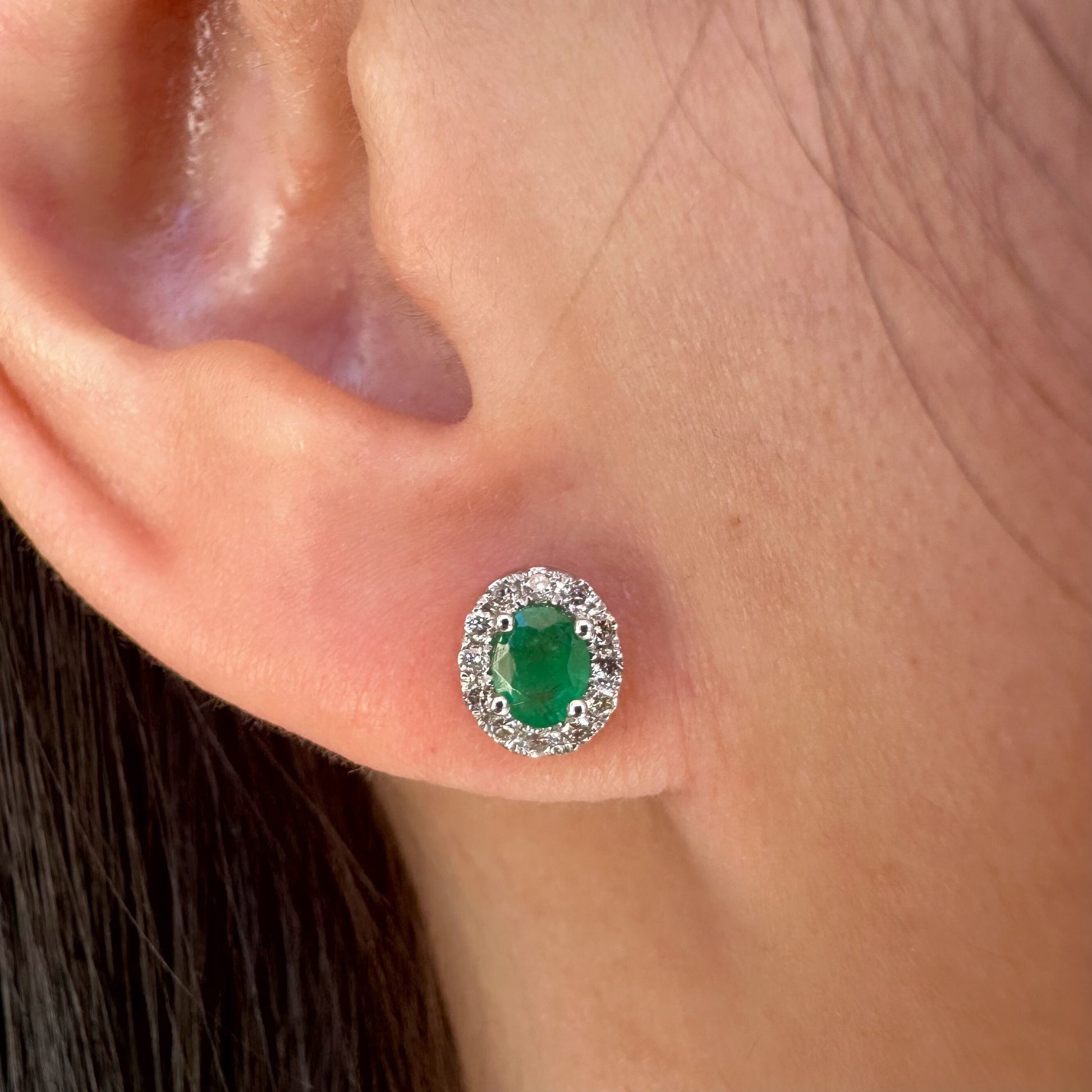 14K Solid White Gold Genuine Emerald and Diamond Oval Studs/Pair
