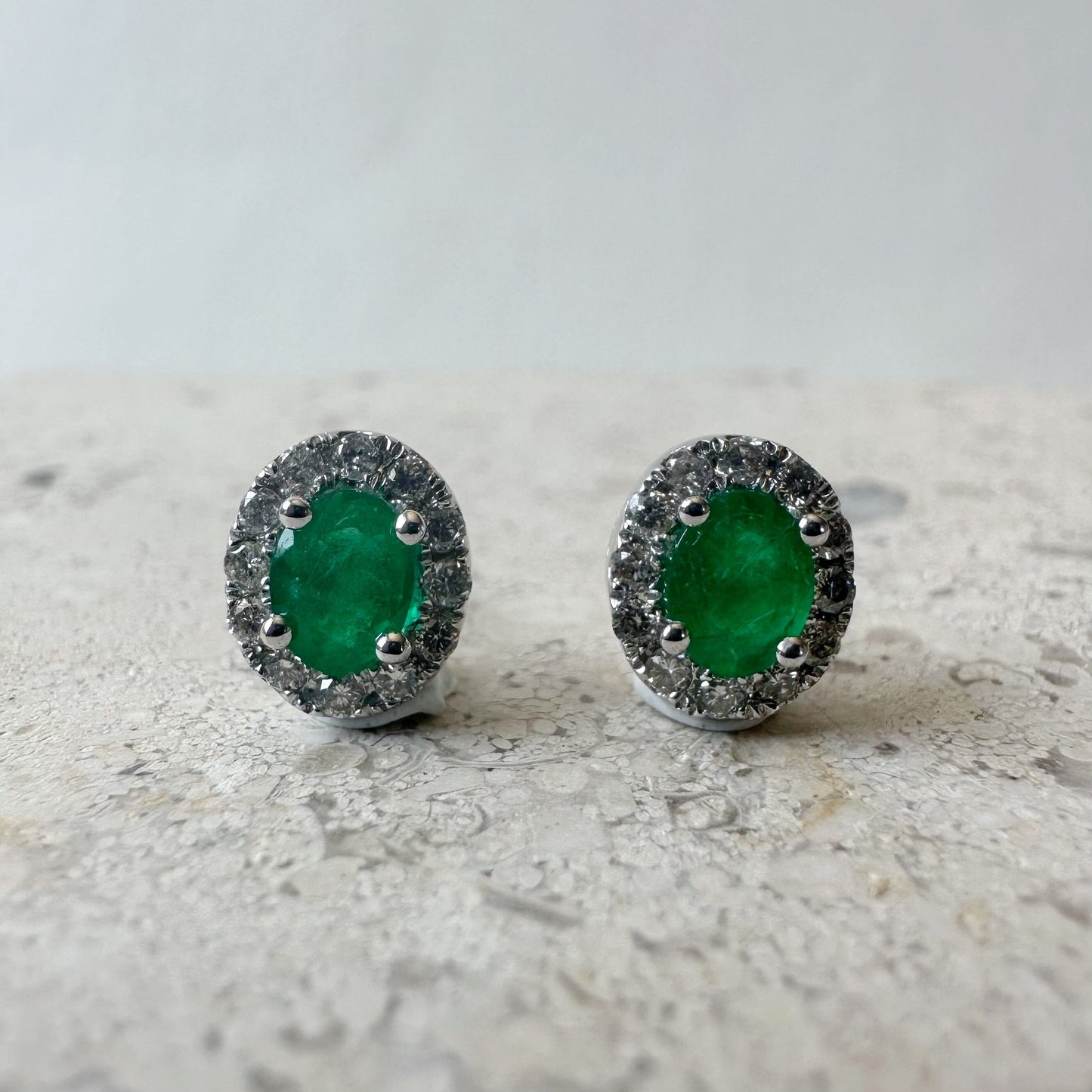 14K Solid White Gold Genuine Emerald and Diamond Oval Studs/Pair