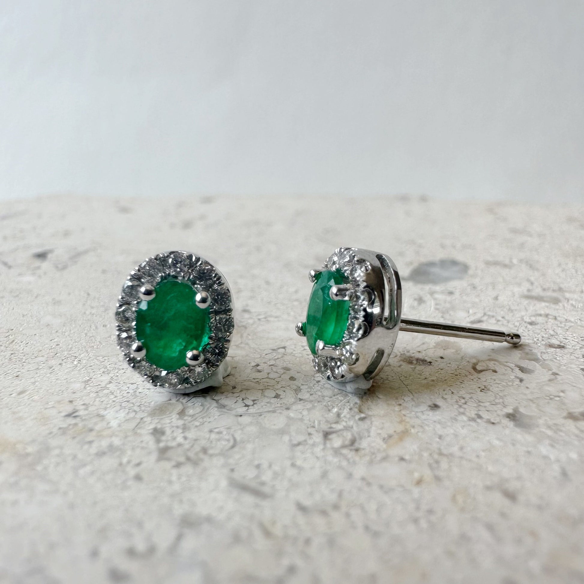 14K Solid White Gold Genuine Emerald and Diamond Oval Studs/Pair