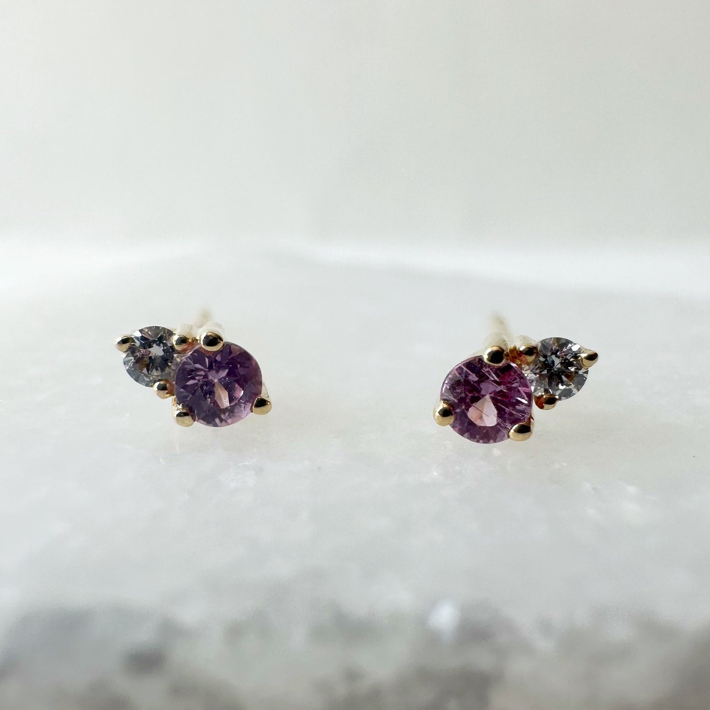 14K Solid Gold Genuine Pink Sapphire and Diamond Stacked Studs/Pair