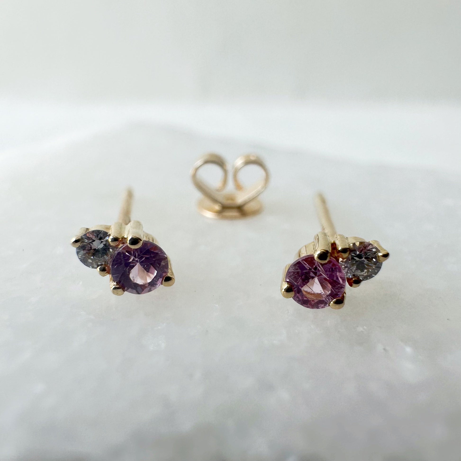 14K Solid Gold Genuine Pink Sapphire and Diamond Stacked Studs/Pair