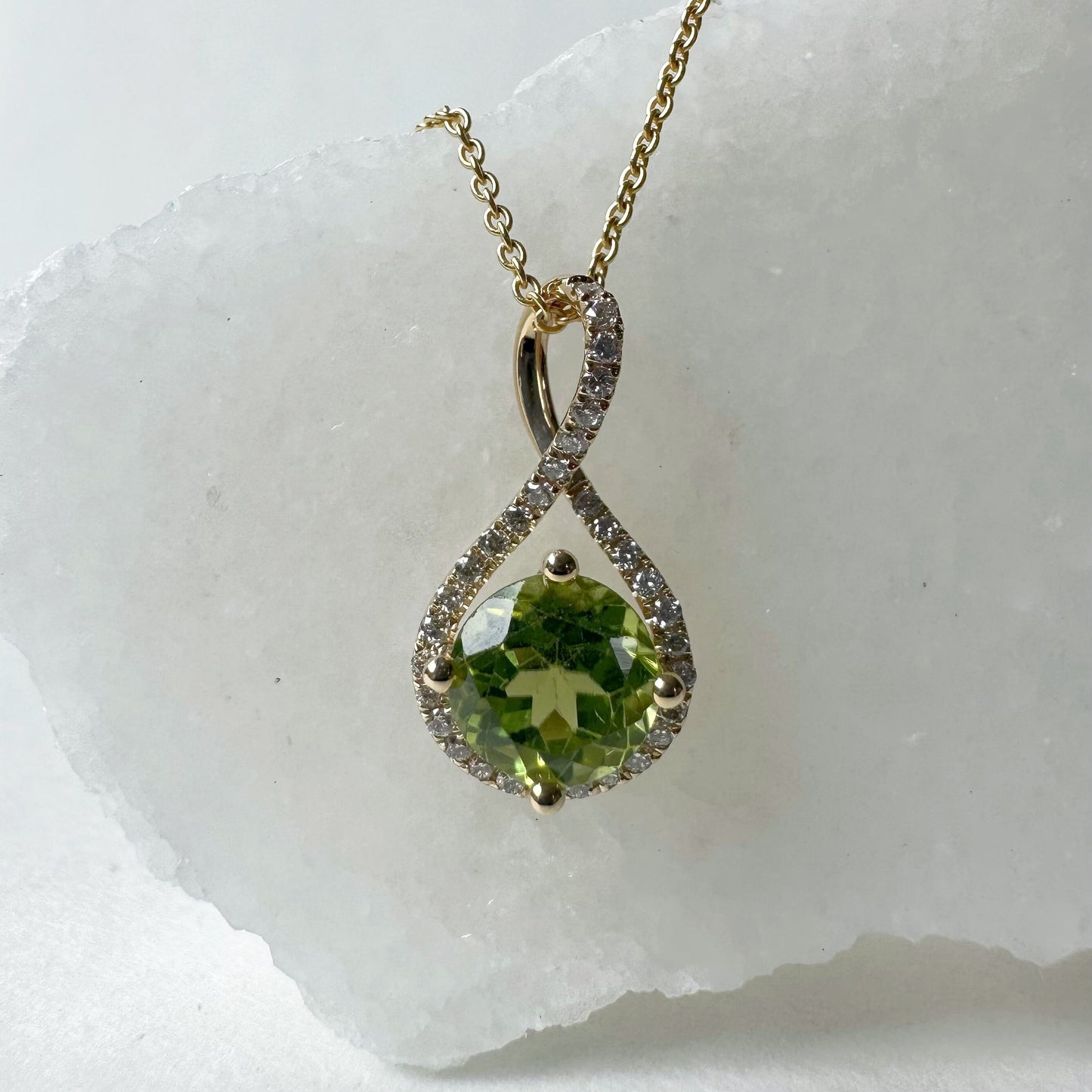 14K Solid Gold Genuine Peridot and Diamond Twist Pendant/August Birthstone