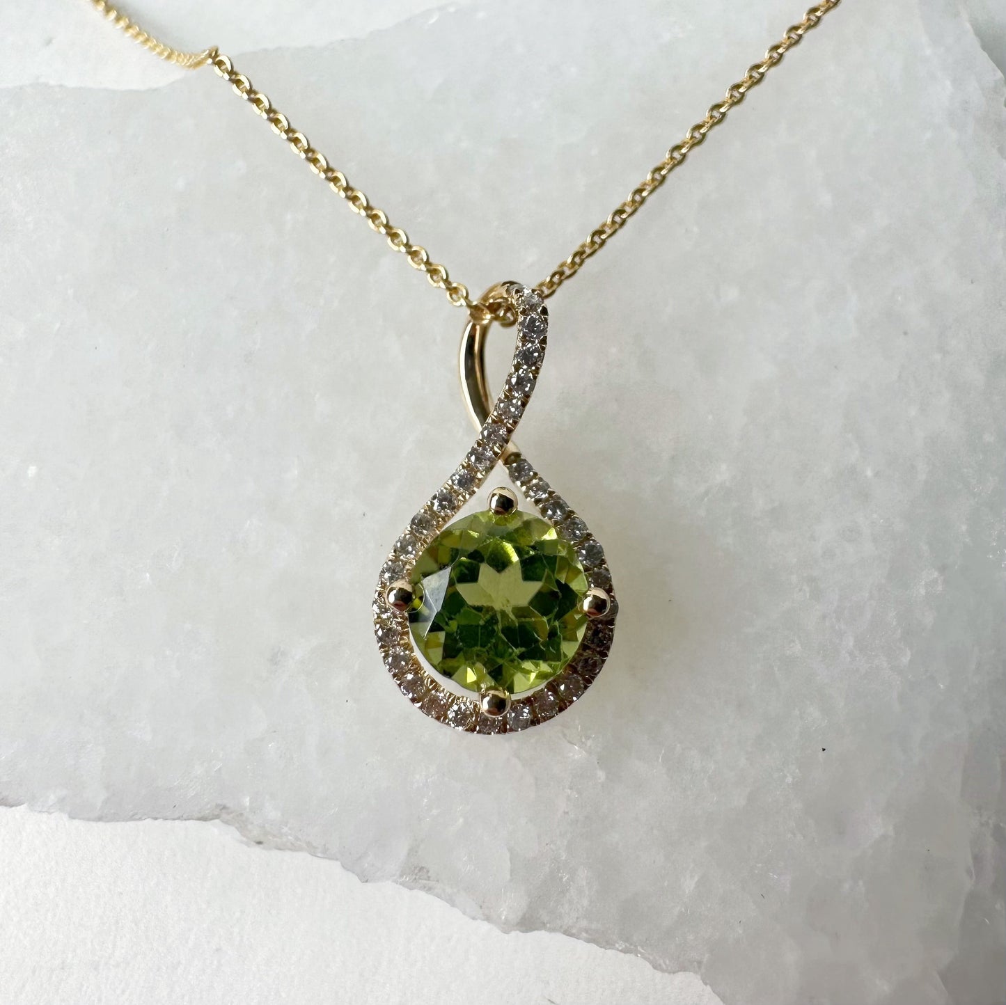 14K Solid Gold Genuine Peridot and Diamond Twist Pendant/August Birthstone