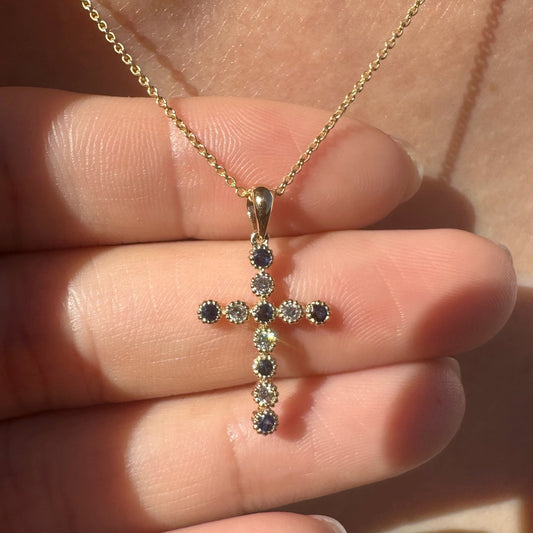 14K Solid Gold Genuine Sapphire and Diamond Bezel Cross Pendant