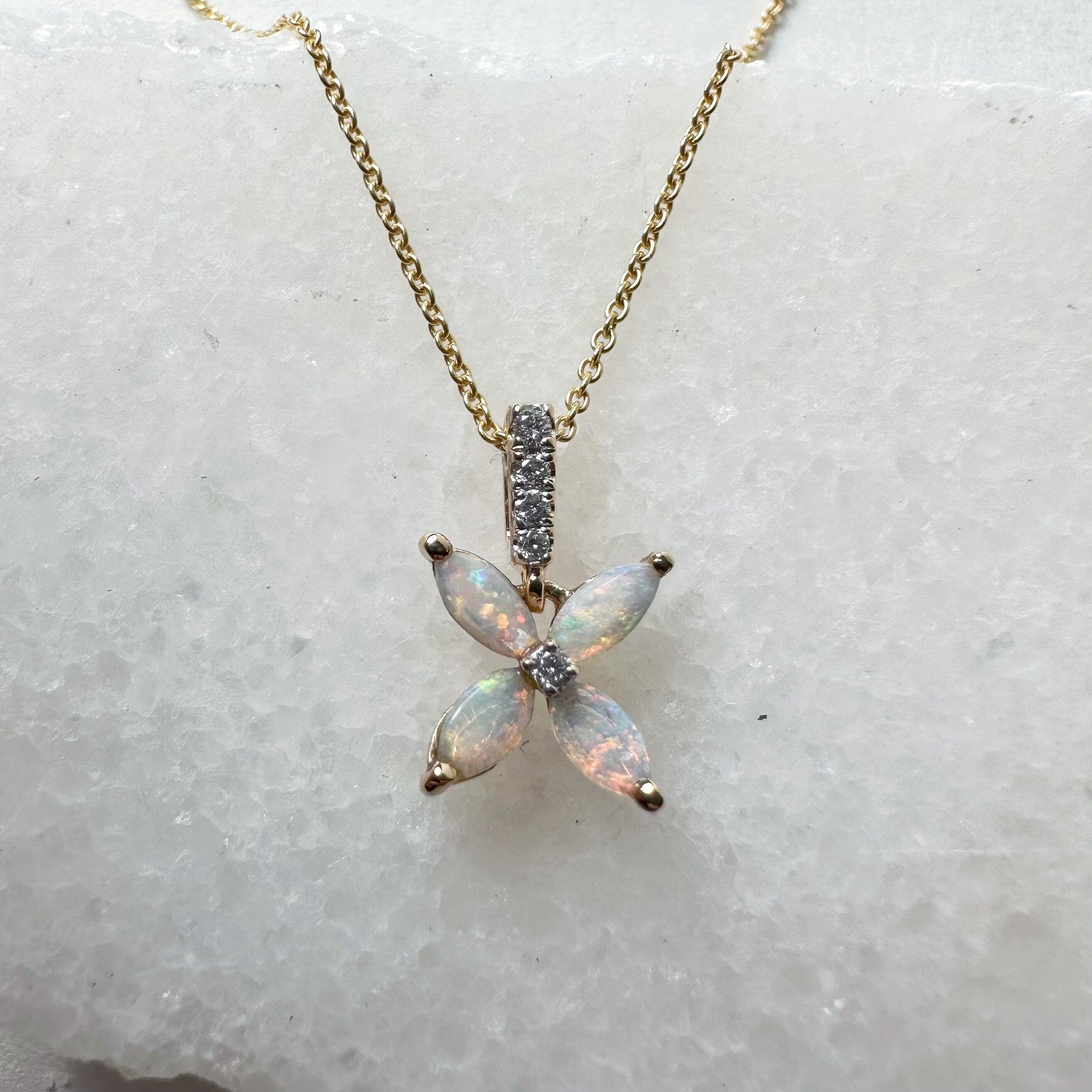14K Solid Gold Genuine Diamond and Opal Flower Pendant