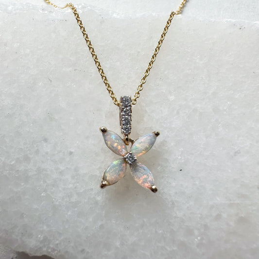 14K Solid Gold Genuine Diamond and Opal Flower Pendant