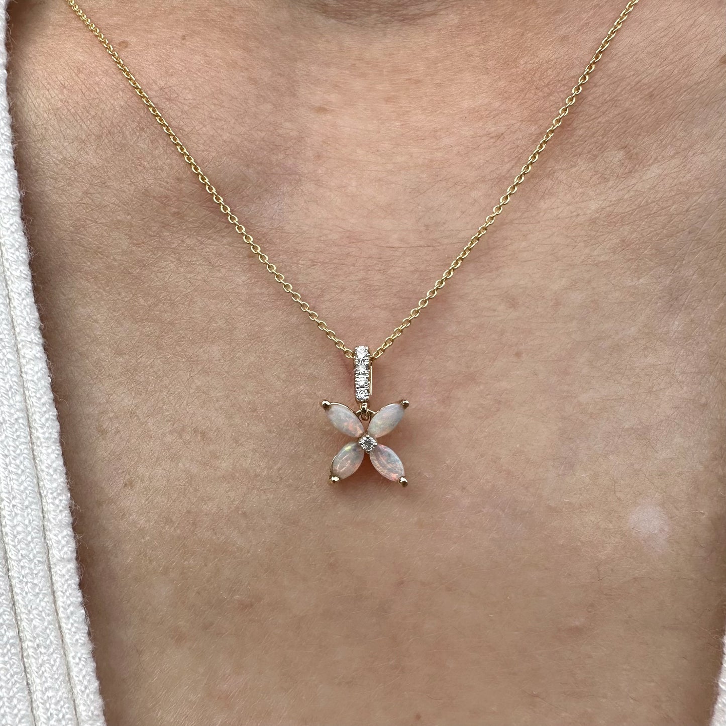 14K Solid Gold Genuine Diamond and Opal Flower Pendant