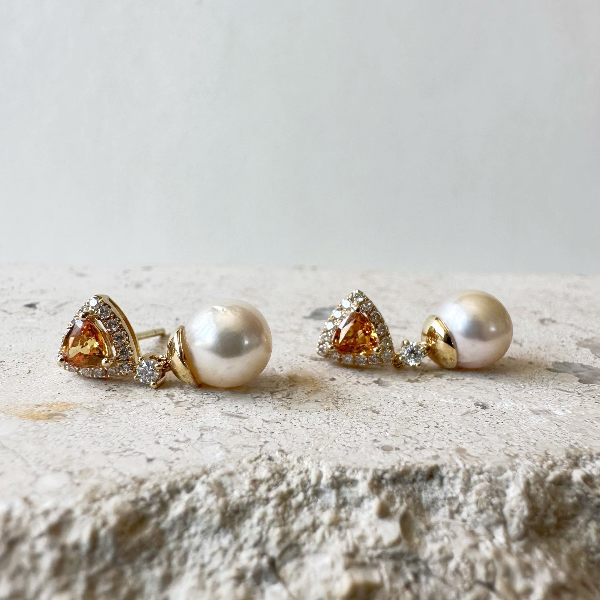 14K Solid Gold Genuine Pearl, Orange Sapphire and Diamond Fancy Dangle Earrings/Pair