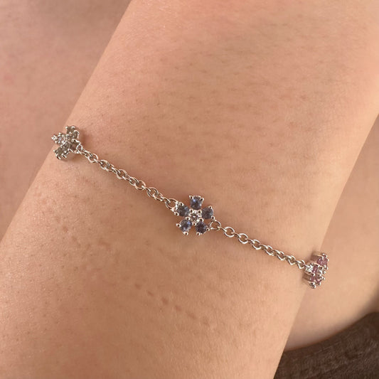 18K Solid White Gold Genuine Color Sapphire and Diamond Flowers Bracelet