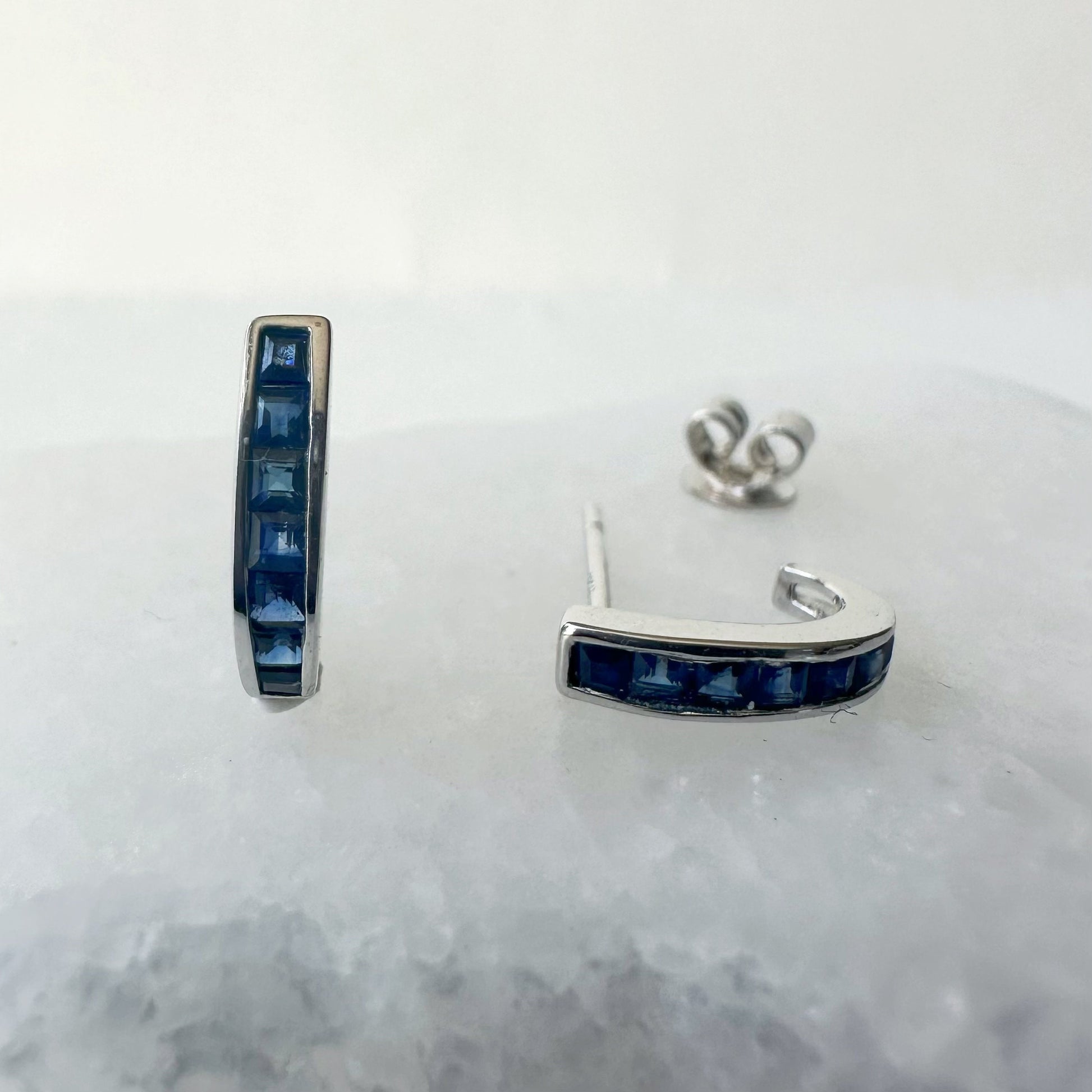 14K Solid White Gold Sapphire Huggie Earrings/Pair