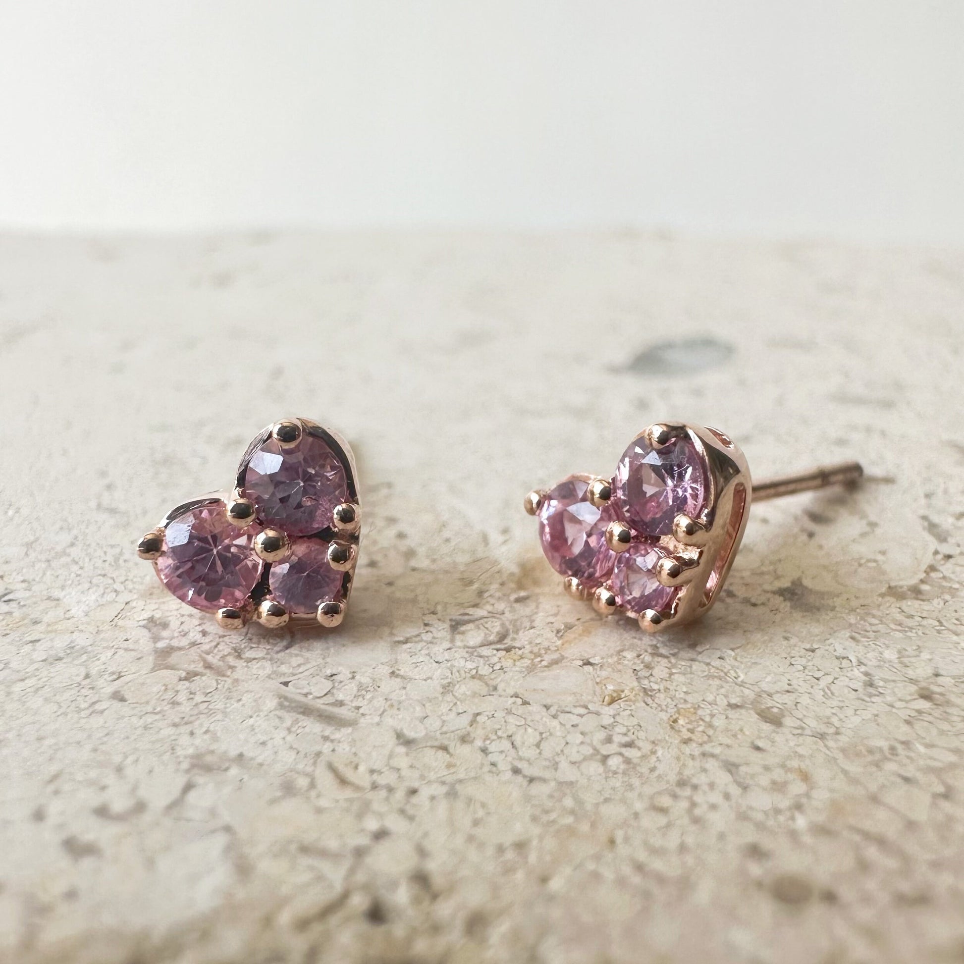 14K Solid Gold Genuine Pink Sapphire Heart Studs/Pair