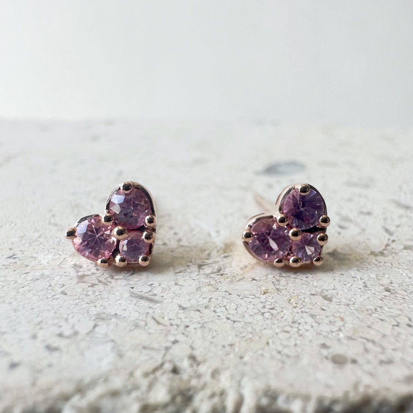 14K Solid Gold Genuine Pink Sapphire Heart Studs/Pair